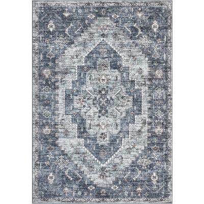 Vintage Washable Area Rugs with Non-Slip Backing, Oriental Distressed Print, Low Pile Stain-Resistant Carpet for Living Room, Bedroom