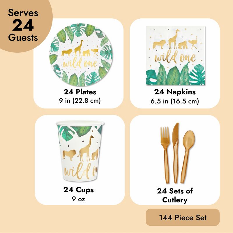 Sparkle and Bash 144 Piece Wild One Party Supplies for First Birthday Decorations, Jungle Safari Theme with Plates, Napkins, Cups, Cutlery (Serves 24), 4 of 9