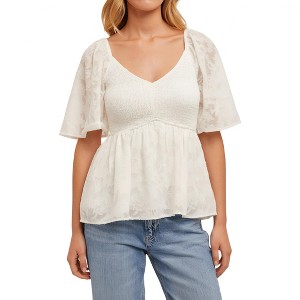 Knit & Lounge Women’s Smocked Peplum Blouse Textured Floral Fabric Flowy Flutter Sleeve Top - 1 of 4