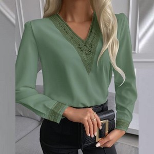 Women's Stylish Lace - Trimmed Solid Color Blouse with V - Neck and Three - Quarter Sleeves, Perfect for Any Occasion - 1 of 1