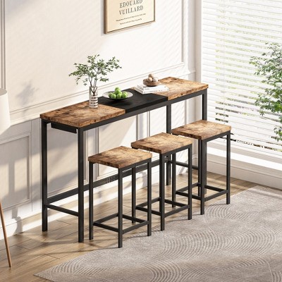 4 Piece Dining Table Set, Bar Table And Chairs Set With 3 Stools, Metal Frame, Color-Blocking Tabletop, Hanging Stool Design