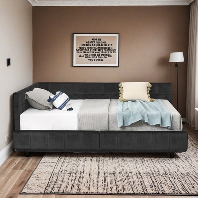 Mid-Century Full Size Storage Upholstered Tufted Bed Frame, Sofa Bed Frame with Comfortable Backrest and Armrests- Leovsnove