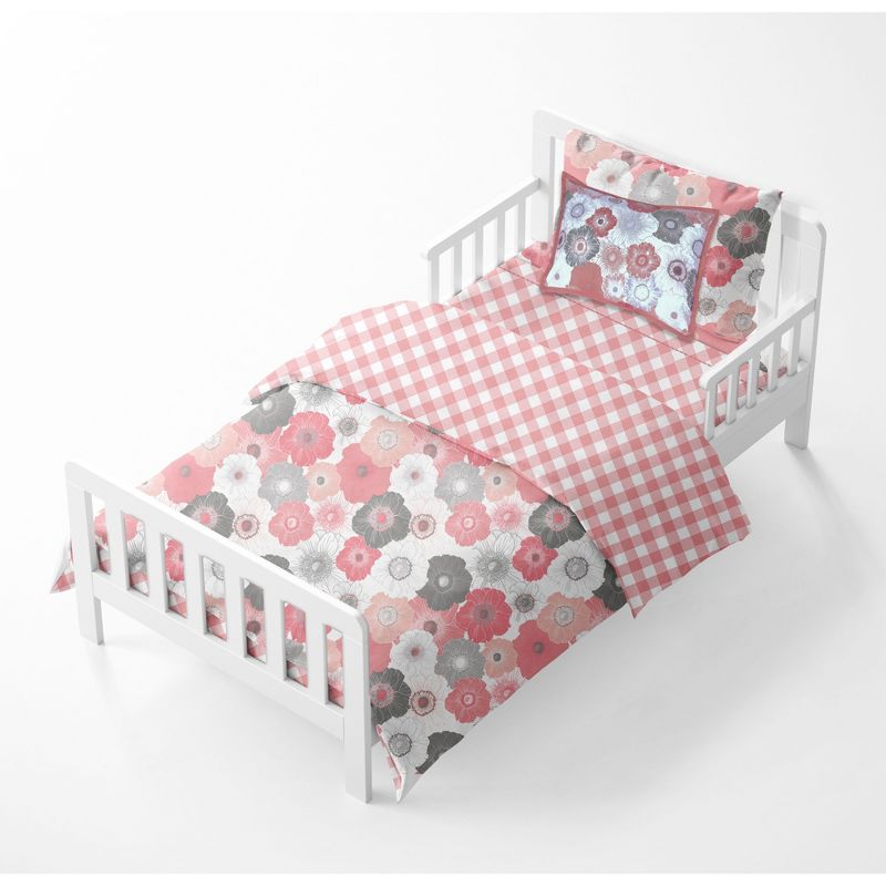 Bacati - Watercolor Floral Coral Gray 5 pc Toddler Bedding Set, 4 of 11