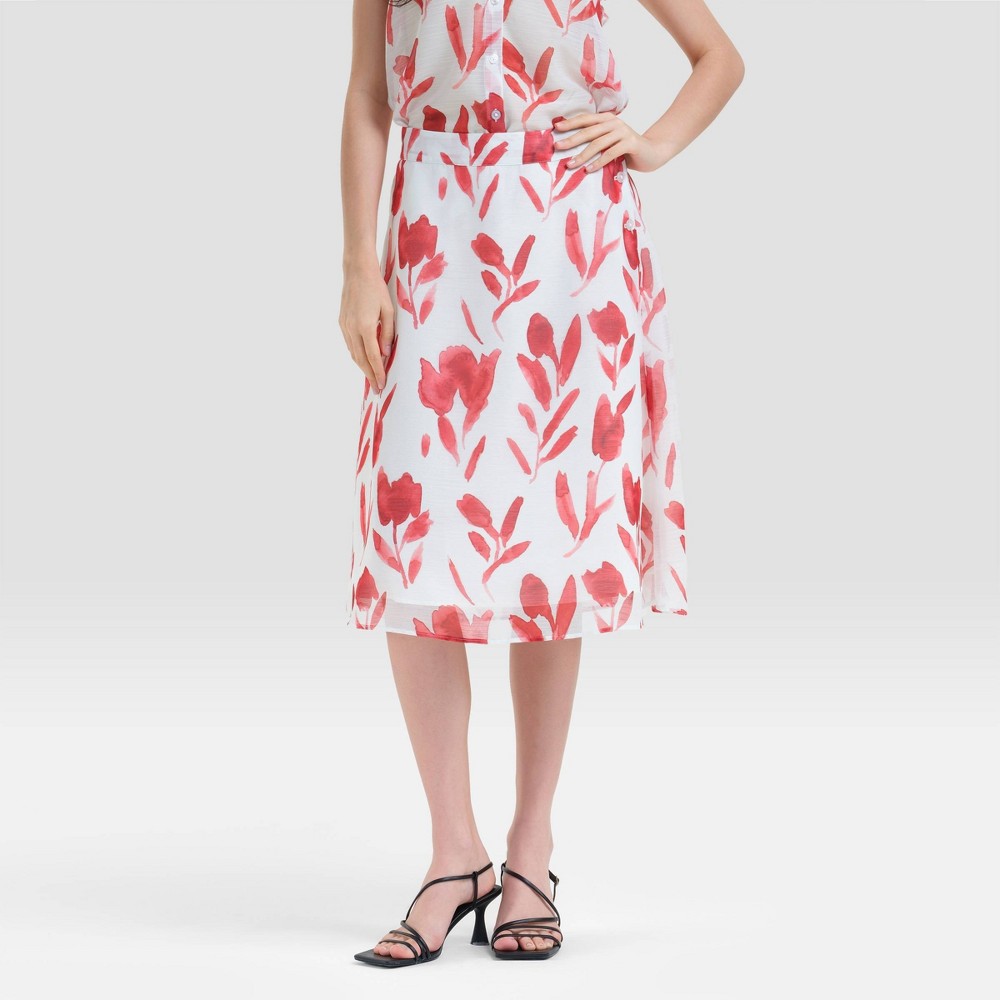 Women's Mid-Rise Side-Button Midi Skirt - A New Day™ White/Red Floral XL