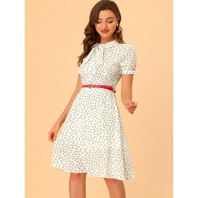 Женские платья INSPIRE CHIC Women's Peter Pan Collar Tie Neck Short Sleeve A-Line Elegant Belted Floral Dress Medium White — фото 2