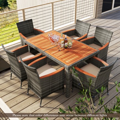 Gray 7-Piece Patio Rattan Dining Set with Acacia Wood Table