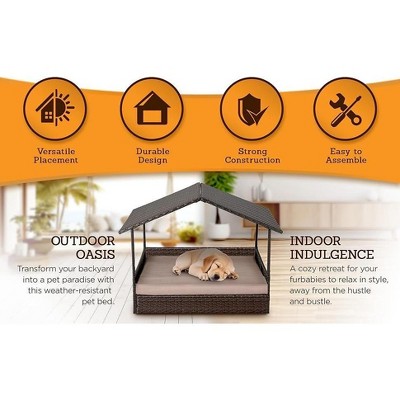 Large Brown Rattan Outdoor Elevated Pet Bed with Canopy