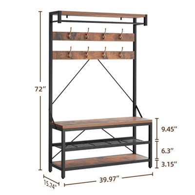 Coat Rack Shoe Bench Industrial Hall Tree Storage Bench for Entryway Wood Look Accent Large Shoe Rack with Storage