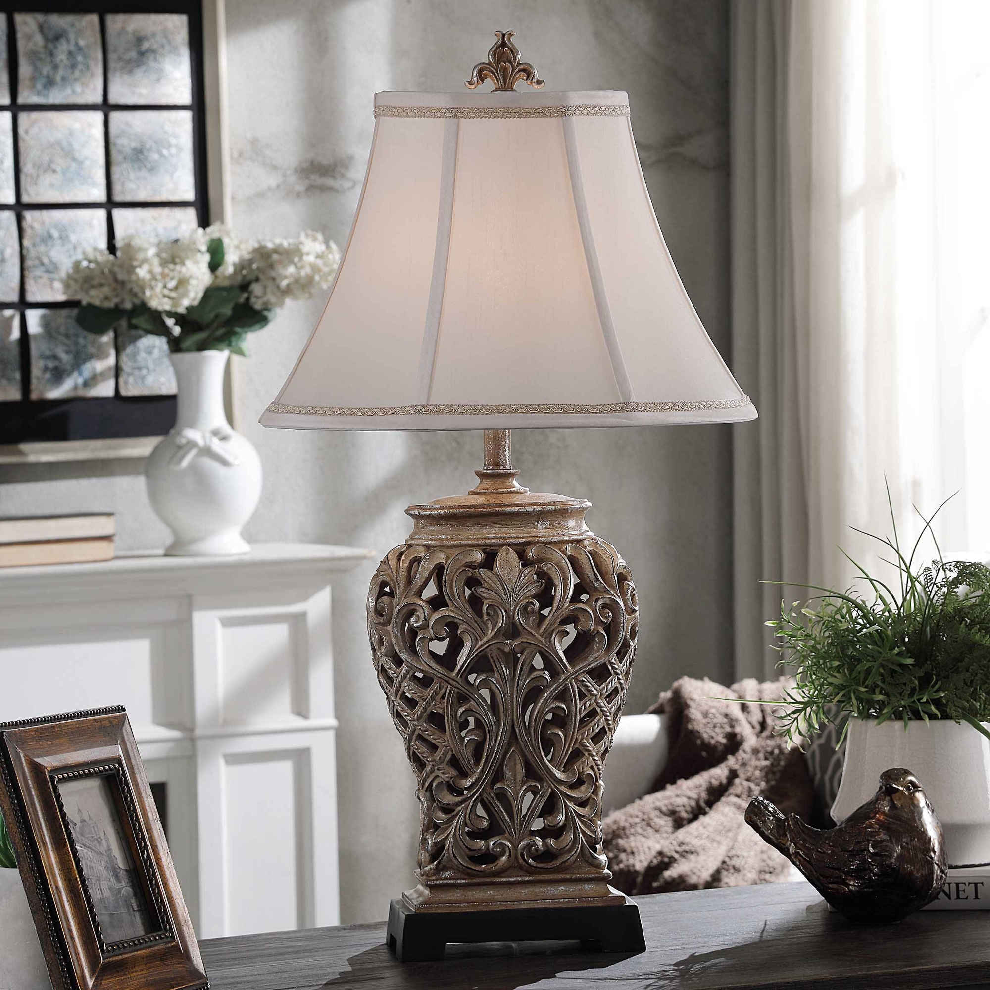 Traditional Table Lamp with Open Lace Textile Shade Silver - StyleCraft: UL Listed, No Assembly Required