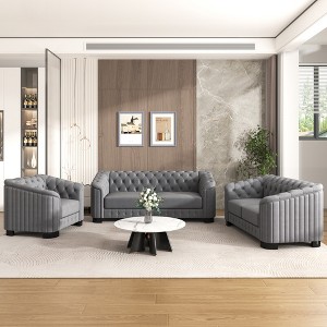 Modern 3-Piece Velvet Upholstered Sofa Set with Rubber Wood Legs, Including 3-Seater, Loveseat, and Single Chair - 1 of 4