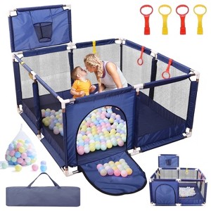 Skirfy 50"x50" Baby Playpen with 30 Ocean Balls, Soft Mesh Baby Fence with Basketball Hoop, Blue Baby Playard - 1 of 4