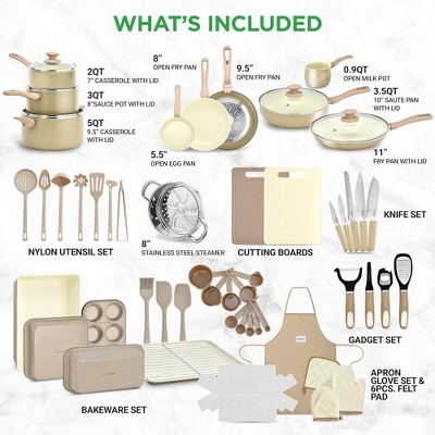 NutriChef 54-Piece Beige and Cream Non-Stick Cookware and Bakeware Set