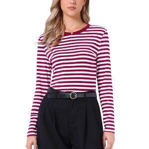 INSPIRE CHIC Women's Striped Long Sleeve Crew Neck Slim Fit Color Block T-Shirts - 1 of 4