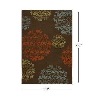 Brown and Blue Floral 5' x 8' Stain-Resistant Outdoor Rug