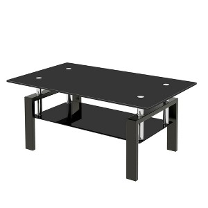 Lirago Tempered Black Glass 2-Layer Coffee Table-Modern Living Room Center Table with Cascading Edges & Layered Design 23.62"W * 39.37"L * 17.32"H - 1 of 4