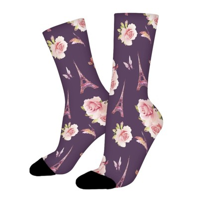 Pink Rose Butterfly Paris Women Printed Crew Socks Funny Funky Socks Soft Polyester Novelty Gifts for Artists Men