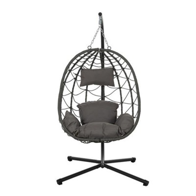 VisioGear Patio Egg Chairs with Stand, Wicker Egg Chair with Thick Cushion&Headrest Hammock Chair for Living Room Balcony, Dark Gray,