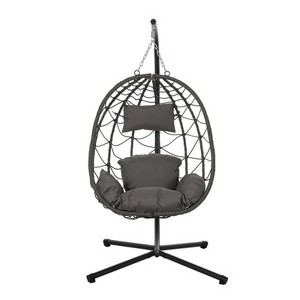 VisioGear Patio Egg Chairs with Stand, Wicker Egg Chair with Thick Cushion&Headrest Hammock Chair for Living Room Balcony, Dark Gray, - 1 of 4