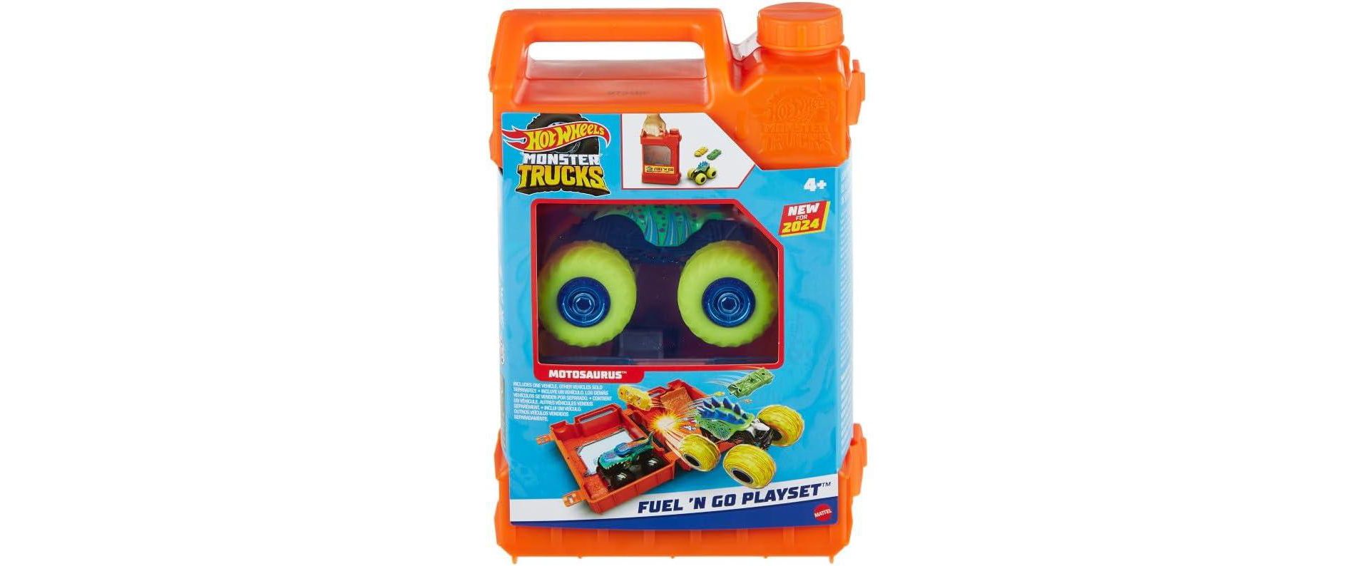 Hot Wheels Monster Trucks Fuel N’ Go Playset With 1:64 Scale Motosaurus Toy Truck & 2 Crushed Cars