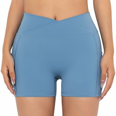 Anna-Kaci Active Women's V-Cross Front Wide Band Stretchy Side Pocket Detail Biker Shorts