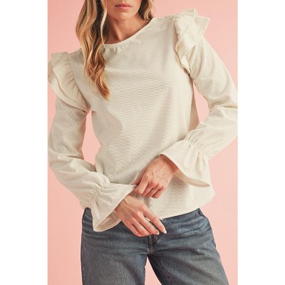 I AM A FASHION JUNKY Beige Corduroy Round Neck Ruffled Flounce Sleeve Blouse