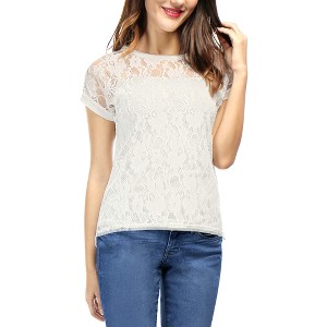 Allegra K Women's Curved Hem Sheer Short Sleeves Floral Lace Blouse - 1 of 4