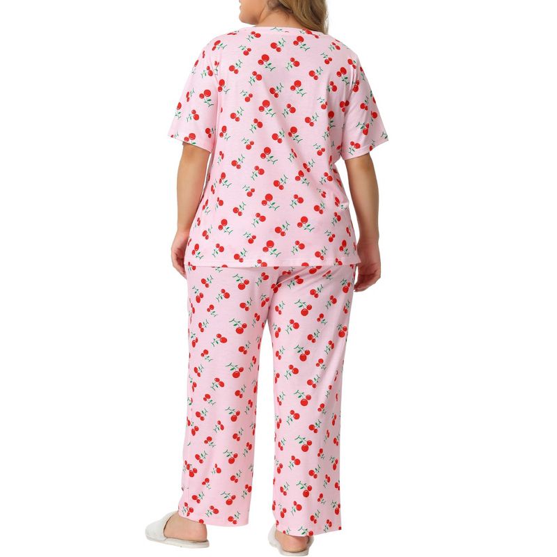 Agnes Orinda Women's Plus Size Short Sleeve Cherry Print Elastic Soft Pockets Pajama Set 2 Pcs, 4 of 6