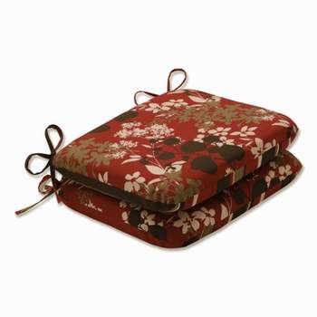 2-Piece Outdoor Reversible Seat Pad/Dining/Bistro Chair Cushion Set - Brown/Red Floral/Stripe - Pillow Perfect