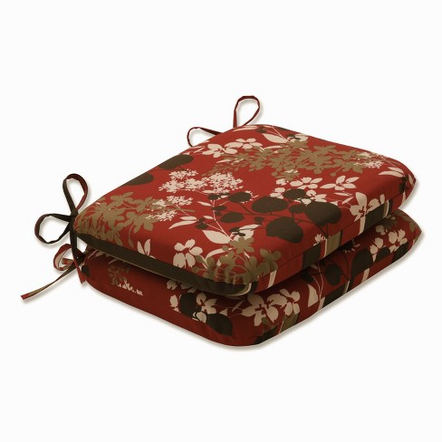 2-Piece Outdoor Reversible Seat Pad/Dining/Bistro Chair Cushion Set -  Brown/Red Floral/Stripe - Pillow Perfect