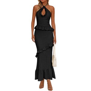 Imily Bela Women's Summer Halter Maxi Dress Backless Sleeveless with Ruffle and Tassel for Party Black L