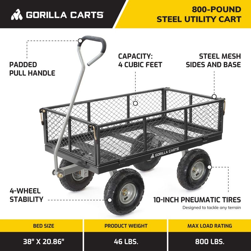 Gorilla Carts 800 Pound Capacity Heavy Duty Durable Steel Mesh Convertible Flatbed Garden Outdoor Hauling Utility Wagon Cart, Black, 4 of 8