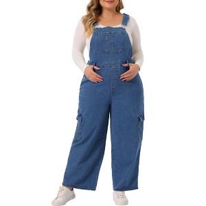 Agnes Orinda Women's Plus Size Denim Bib Jeans Pockets Stretch Adjustable Suspenders Jumpsuit - 1 of 4