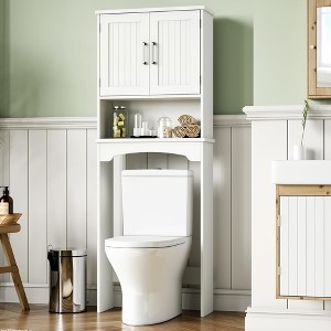 Over The Toilet Storage Cabinet,nOver Toilet Bathroom Organizer with 2 Doors and Open Shelves, Freestanding Space Saver with Anti-Tip Device - 1 of 4