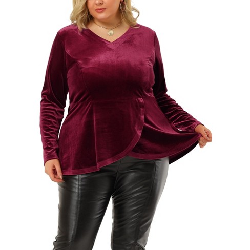 Agnes Orinda Women's Plus Size V Neck Tulip Hem Long Sleeve Peplum Velvet  Blouses Burgundy 4x : Target