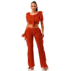 Slickblue Women's Fringe Crop Top and Knit Pants Set - Dance Outfit in Rust, Royal Blue, or Black, Size S-L - 1 of 4