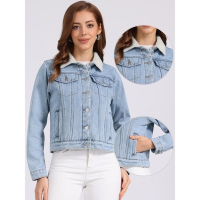 INSPIRE CHIC Women's Fleece Lined Collared Warm Faux Fur Denim Jacket X-Small Light Blue — фото 2