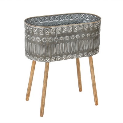 Aztec Gray Metal Cachepot Planters with Wood Legs, Set of 2