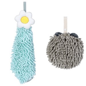 REGALWOVEN 2 Packs Soft Absorbent Flower Pattern Chenille Hand Towel with Loop 6" x 15"/7" x 7" - 1 of 4