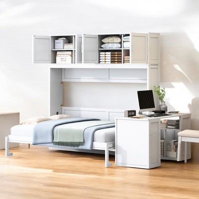 Mshliw Queen Size Murphy Bed with Desk, Storage Cabinets and Shelves, Foldable Wall Bed with Hydraulic Lift Mechanism, Space Saving Design