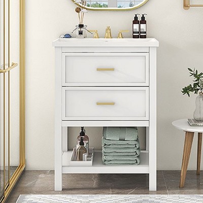24" Modern Bathroom Vanity Sink Combo With Overflow Ceramic Sink Top MDF Stand Bathroom Cabinet With 2 Doors