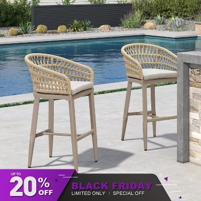 PURPLE LEAF Outdoor Rattan Bar Stools Set of 2 Modern Boho Aluminum Patio Bar Height Chair with Cushion for Garden Outdoor and Indoor