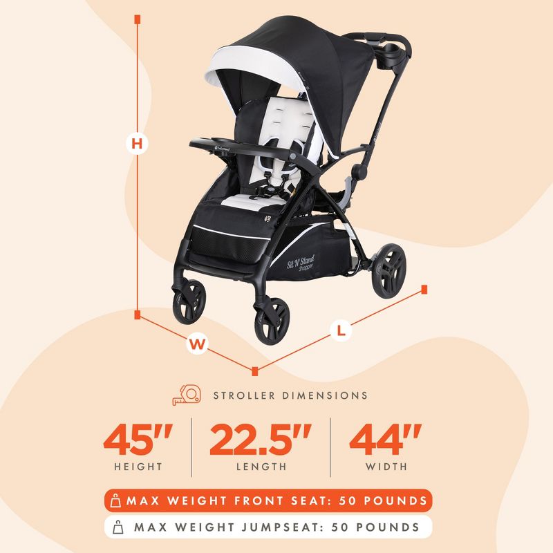 Baby Trend Sit N' Stand 5-in-1 Collapsible Shopper Stroller with Canopy, Visor, Extendable Storage Basket, Phone Tray, and 2 Cup Holders, Modern Khaki, 3 of 8