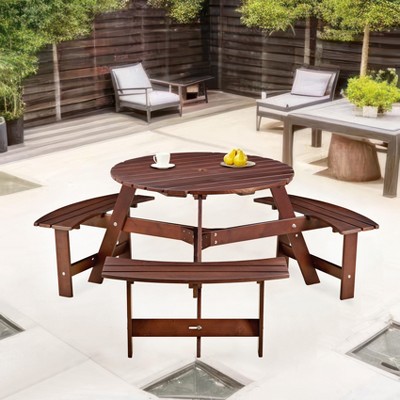 NicBex Outdoor Dining Table Set Round Picnic Table with Umbrella Hole & Built-in Benches,Patio Table Set for Garden, Backyard, Porch