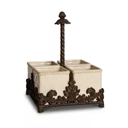 GG Collection Cream Ceramic Flatware Caddy With Acanthus Leaf Metal Holder