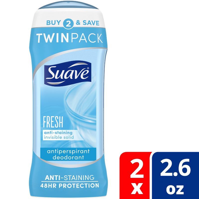 Suave Fresh Anti-Staining 48-Hour Antiperspirant &#38; Deodorant Stick - 2.6oz/2pk, 1 of 9