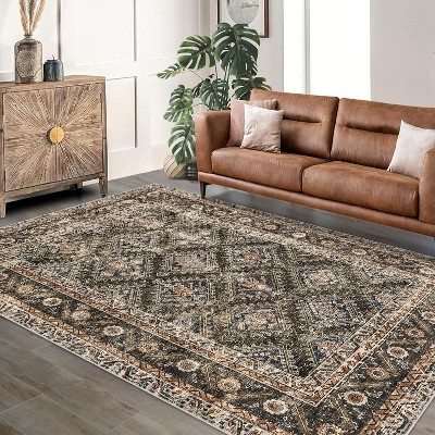 Durable Low-Pile Non-Slip Area Rug - Vintage Boho Style for Living Room, Office, Dining Room, Kids Room, and Farmhouse; Washable