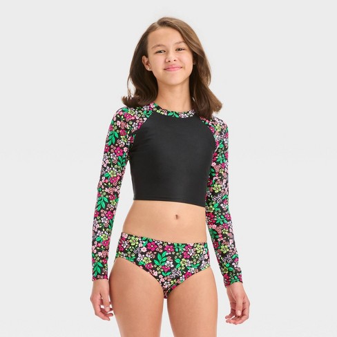 Girls' Floral Printed Rash Guard Set - Art Class™ Black : Target