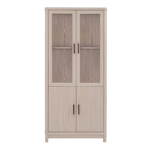 Manhattan Comfort 67.6 Jodie Bookcase with 6 Adjustable Shelves and Tempered Glass Doors White Washed Oak