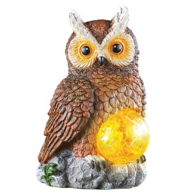 Collections Etc Brown Owl Solar Powered Crackled Glass Ball Garden Decoration