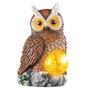 Collections Etc Brown Owl Solar Powered Crackled Glass Ball Garden Decoration - 1 of 2